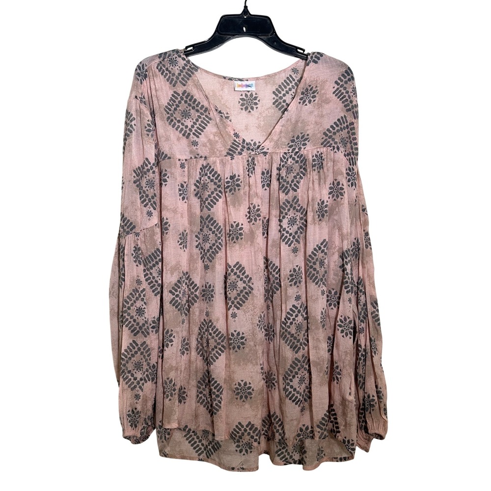 LuLaRoe Womans Geometric V-Neck Balloon Sleeve Top 2XL Pink Boho Peasant Hippie